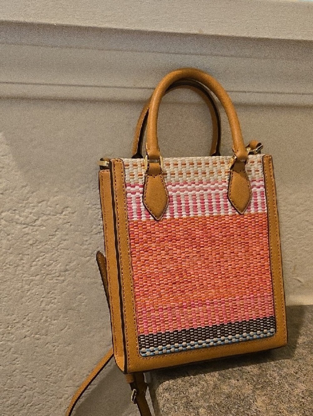 Kate spade Pink and Orange Woven Mini Tote with Tan Leather Trim Nwt - Picture 2 of 4